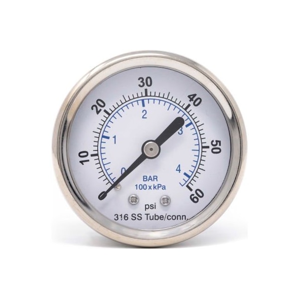 Engineered Specialty Products, Inc PIC Gauges 2.5" All SS Pressure Gauge, 1/4" NPT, 0/60 PSI, Dry Fillable, Ctr Back Mount, 302D-254D 302D-254D - main